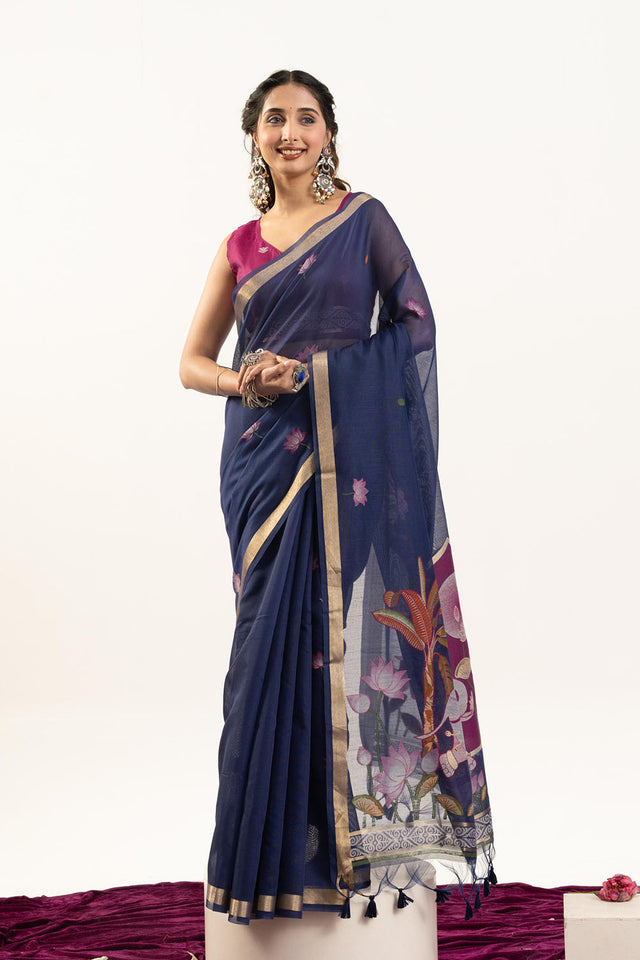 Blue Woven Cotton Saree (ACA5639)