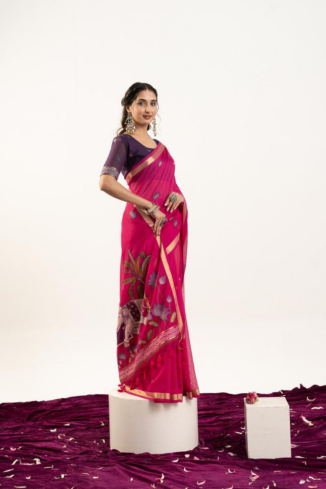 Pink Woven Cotton Saree (ACA5641)