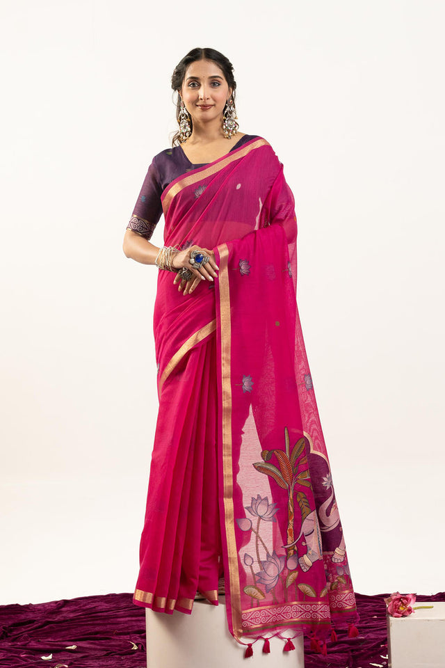 Pink Woven Cotton Saree (ACA5641)