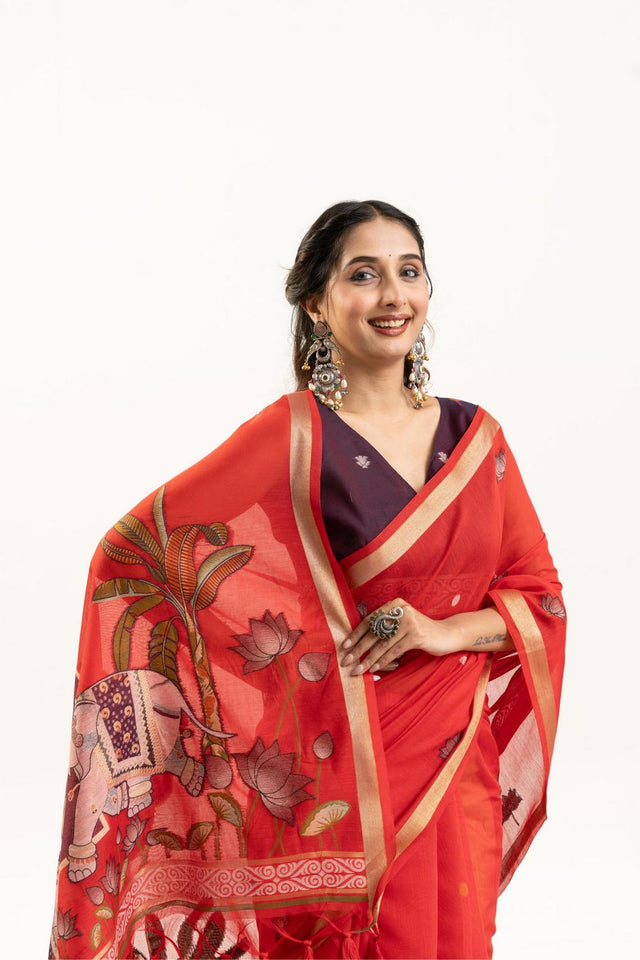 Red Woven Cotton Saree (ACA5642)