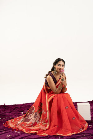 Red Woven Cotton Saree (ACA5642)