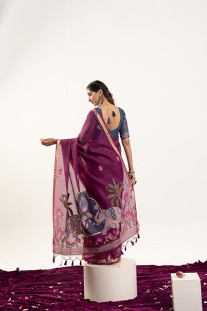 Wine Woven Cotton Saree (ACA5643)