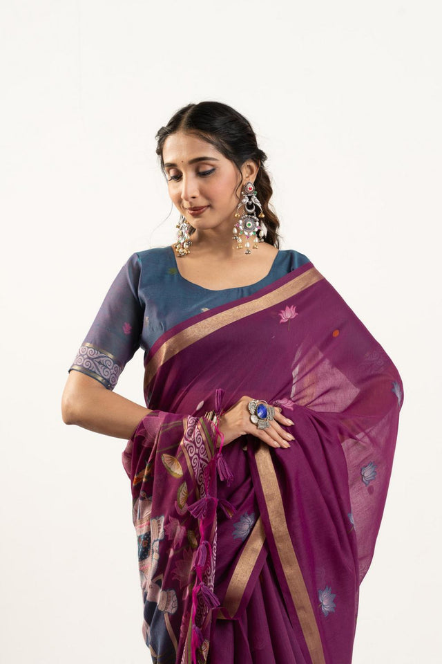 Wine Woven Cotton Saree (ACA5643)