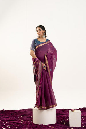 Wine Woven Cotton Saree (ACA5643)