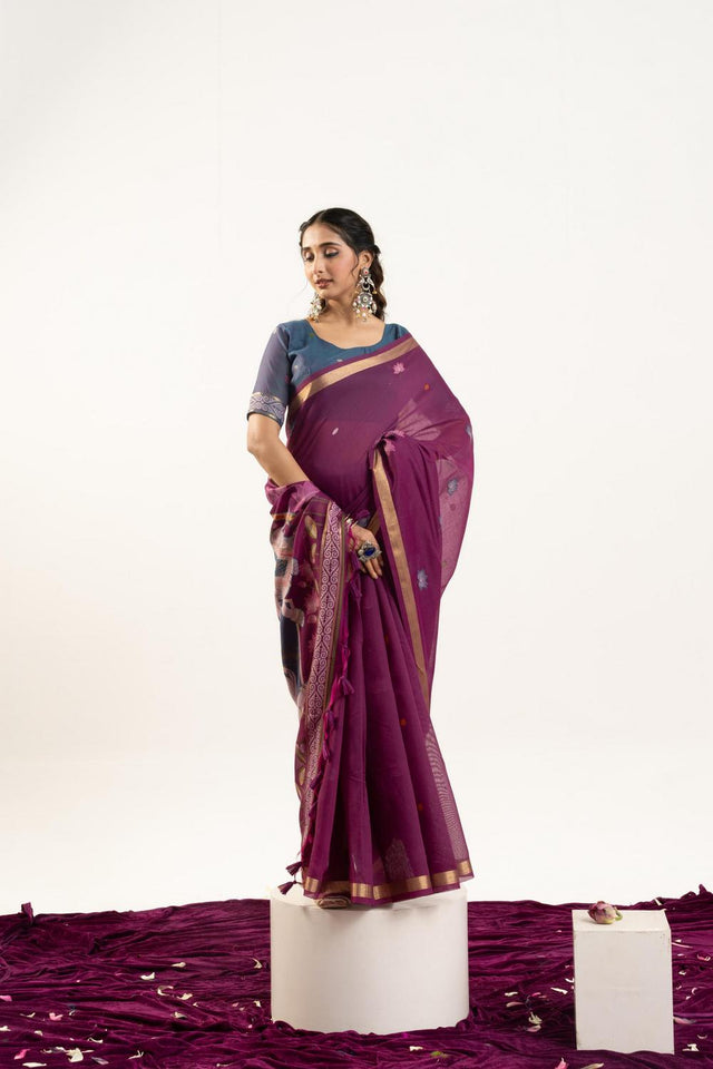 Wine Woven Cotton Saree (ACA5643)