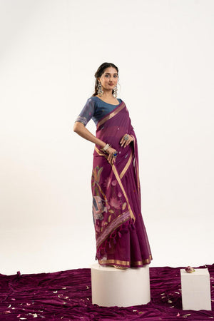 Wine Woven Cotton Saree (ACA5643)