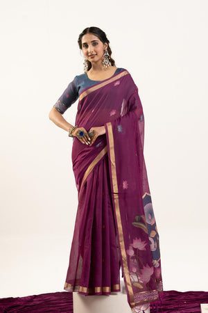 Wine Woven Cotton Saree (ACA5643)