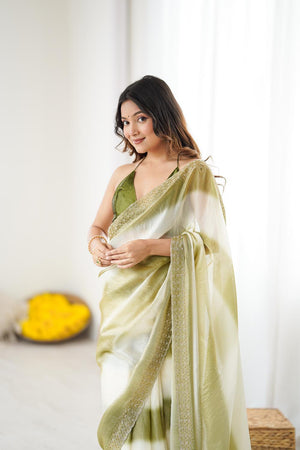 Green Embellished Satin Saree (ACA5649)