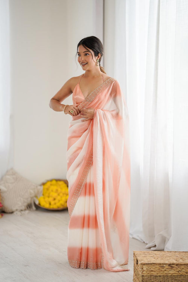 Peach Embellished Satin Saree (ACA5650)