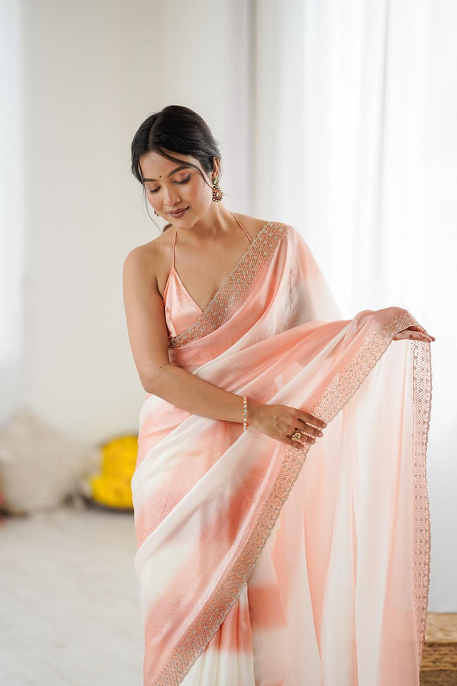 Peach Embellished Satin Saree (ACA5650)