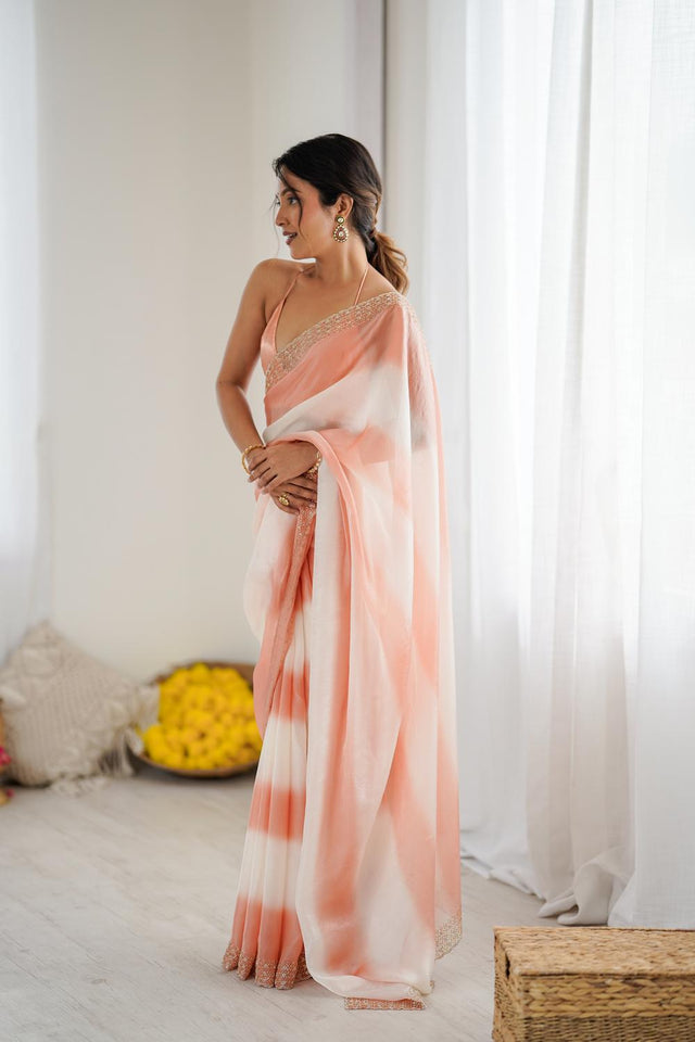 Peach Embellished Satin Saree (ACA5650)