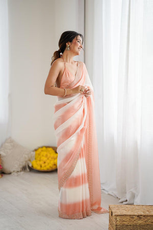Peach Embellished Satin Saree (ACA5650)