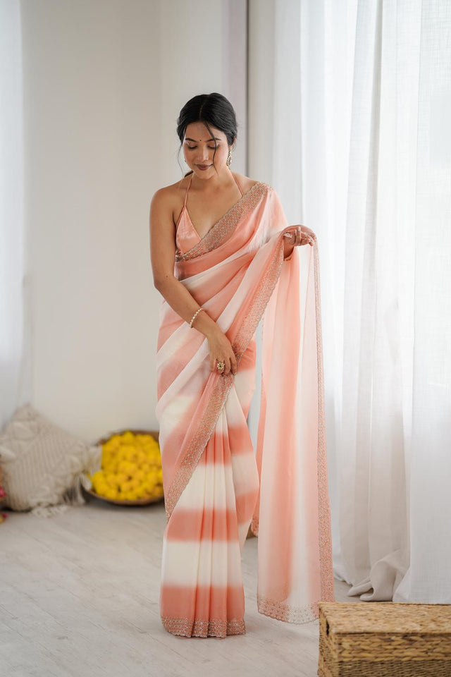 Peach Embellished Satin Saree (ACA5650)