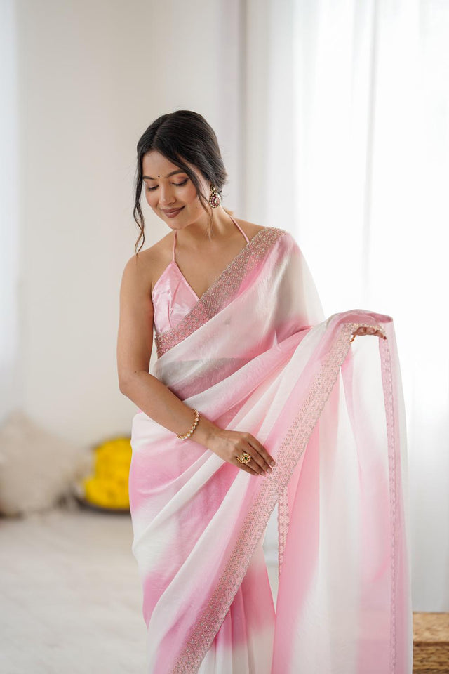 Pink Embellished Satin Saree (ACA5651)
