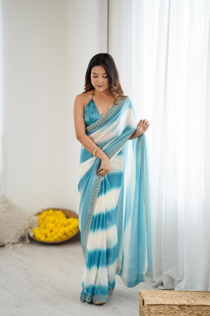 Blue Embellished Satin Saree (ACA5652)