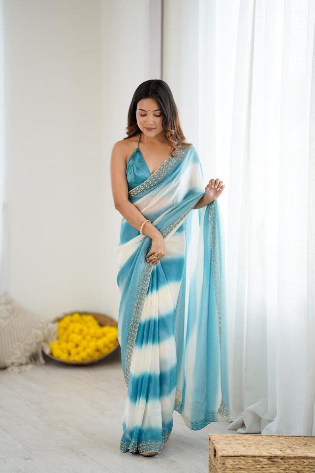 Blue Embellished Satin Saree (ACA5652)