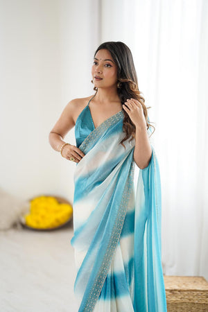 Blue Embellished Satin Saree (ACA5652)