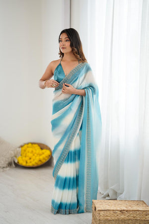 Blue Embellished Satin Saree (ACA5652)