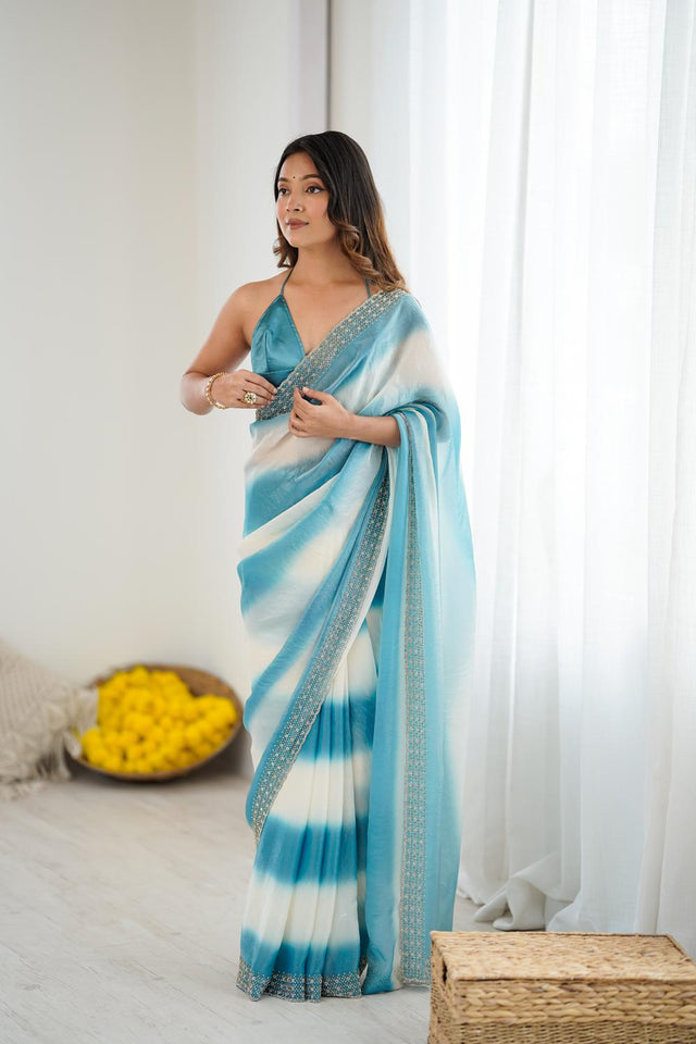 Blue Embellished Satin Saree (ACA5652)