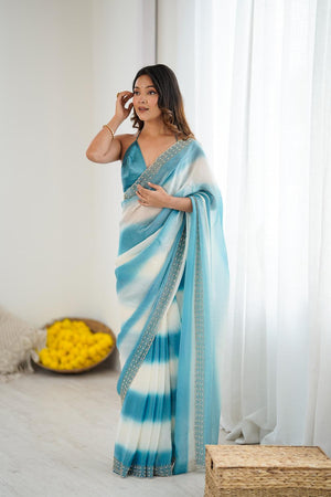 Blue Embellished Satin Saree (ACA5652)