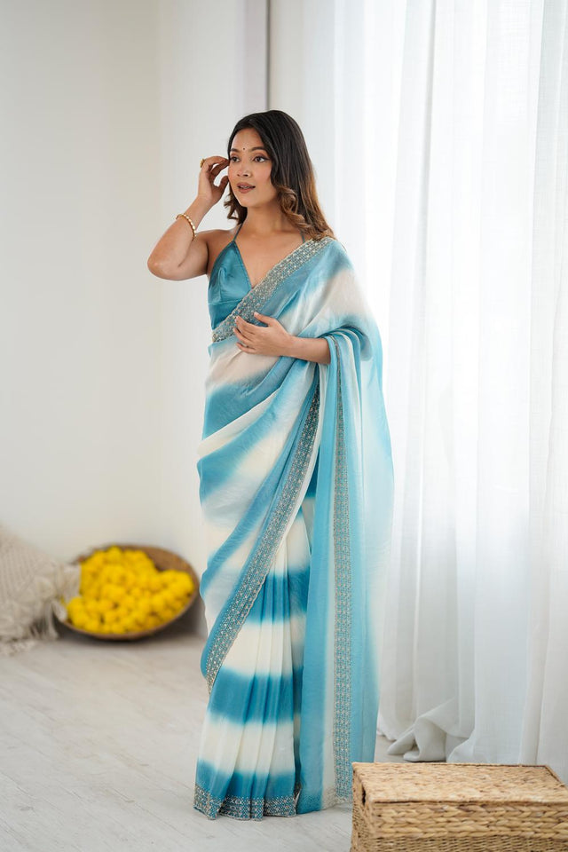 Blue Embellished Satin Saree (ACA5652)