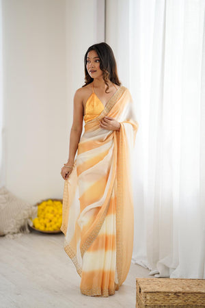 Yellow Embellished Satin Saree (ACA5653)