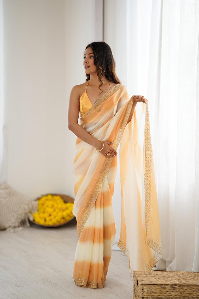 Yellow Embellished Satin Saree (ACA5653)