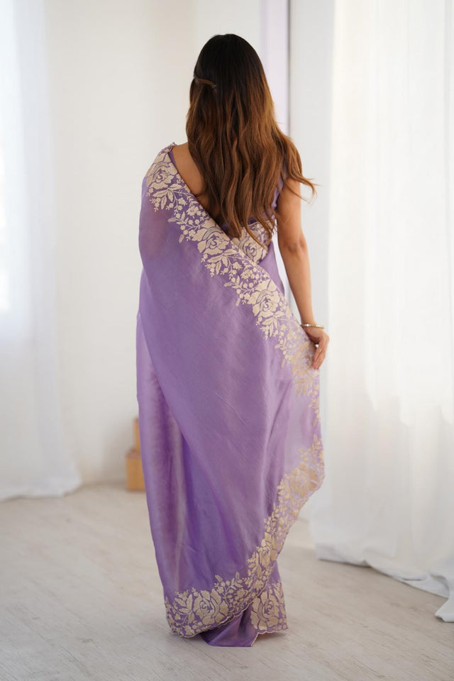 Lavender Floral Embroidered Chiffon Saree (ACA5654)