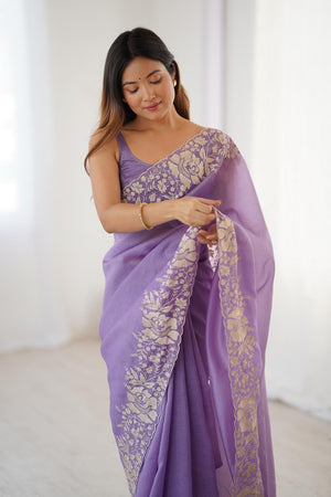 Lavender Floral Embroidered Chiffon Saree (ACA5654)