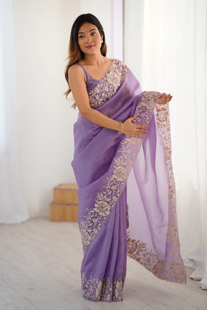 Lavender Floral Embroidered Chiffon Saree (ACA5654)