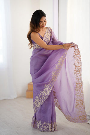 Lavender Floral Embroidered Chiffon Saree (ACA5654)