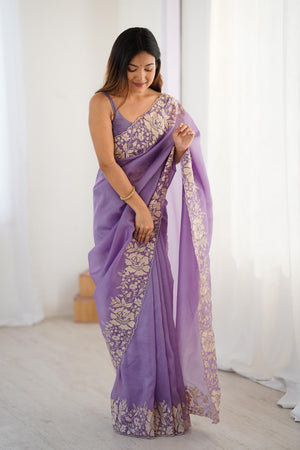 Lavender Floral Embroidered Chiffon Saree (ACA5654)