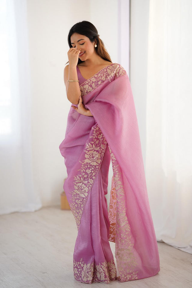 Pink Floral Embroidered Chiffon Saree (ACA5655)