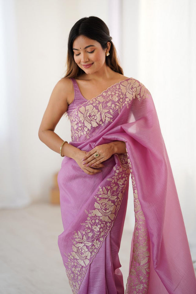 Pink Floral Embroidered Chiffon Saree (ACA5655)