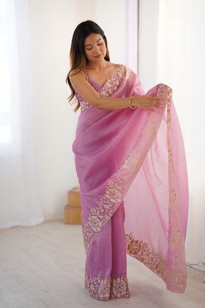 Pink Floral Embroidered Chiffon Saree (ACA5655)