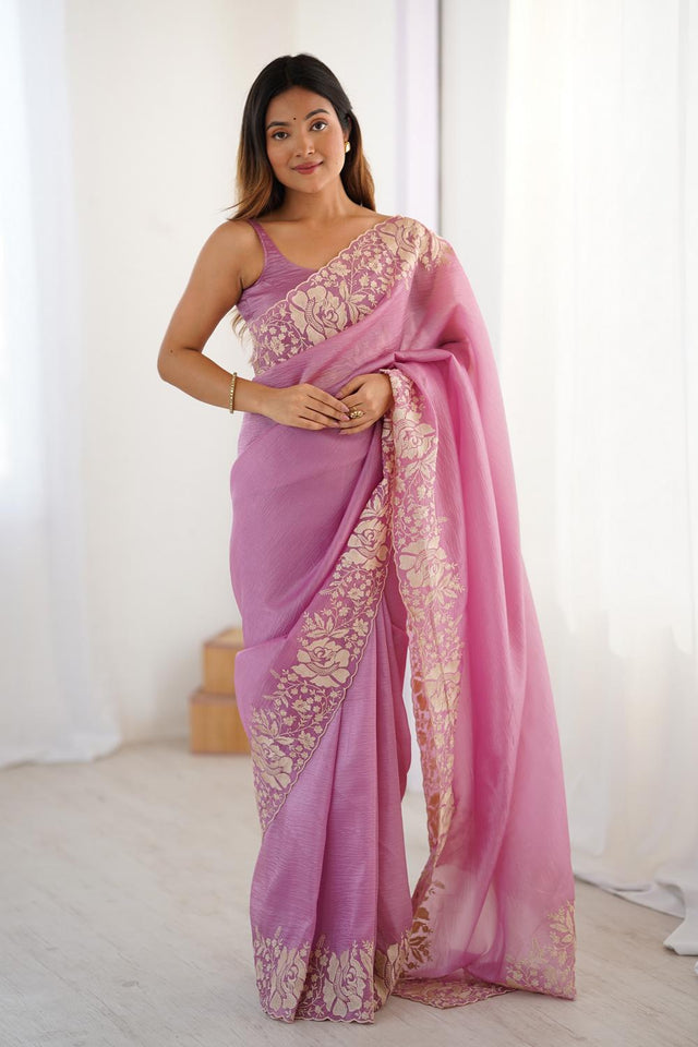 Pink Floral Embroidered Chiffon Saree (ACA5655)