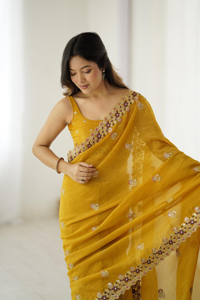 Mustard Sequin with Embroidered Crepe Saree (ACA5656)