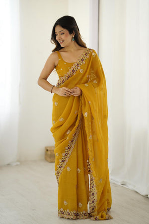 Mustard Sequin with Embroidered Crepe Saree (ACA5656)