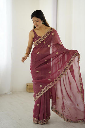 Red Sequin with Embroidered Crepe Saree (ACA5657)