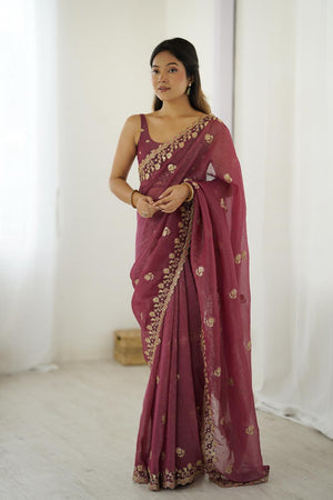 Red Sequin with Embroidered Crepe Saree (ACA5657)