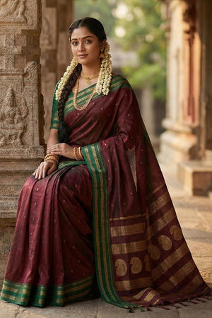 Maroon Zari Woven Silk Saree (ACA5659)