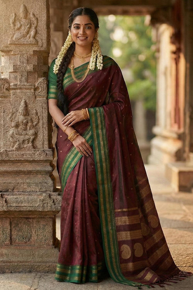 Maroon Zari Woven Silk Saree (ACA5659)
