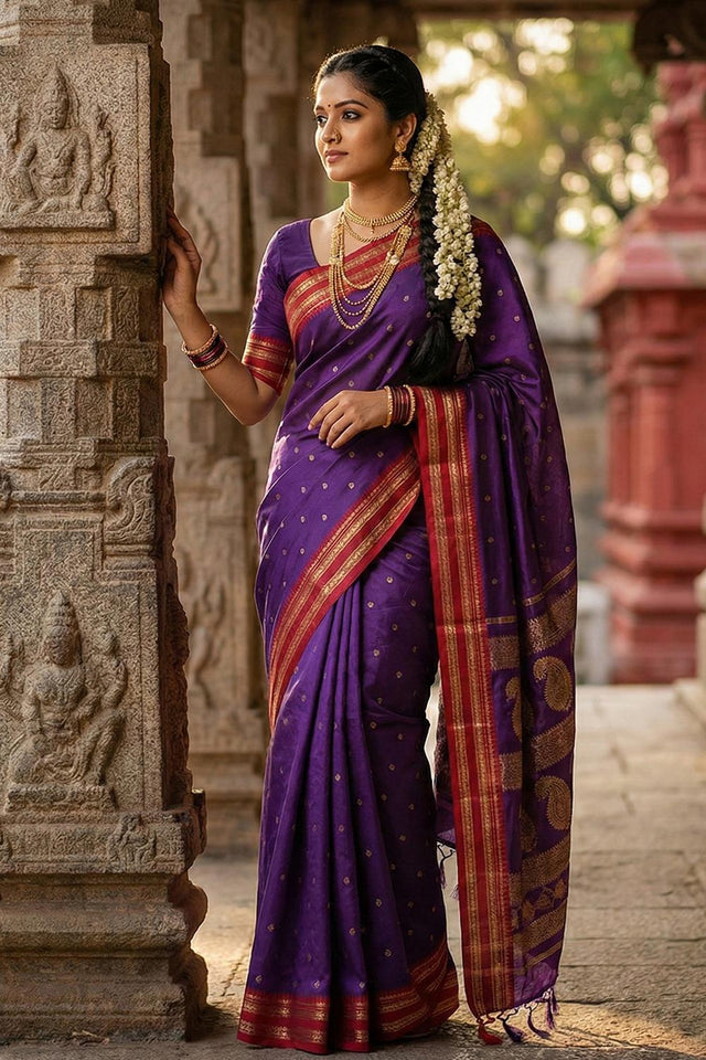 Violet Zari Woven Silk Saree (ACA5662)