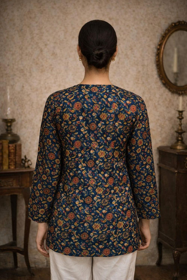 Blue Floral Printed Muslin Short Kurti (ACA5674)