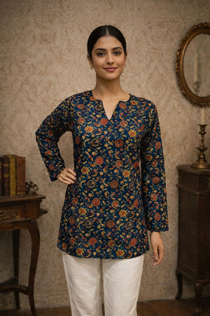 Blue Floral Printed Muslin Short Kurti (ACA5674)