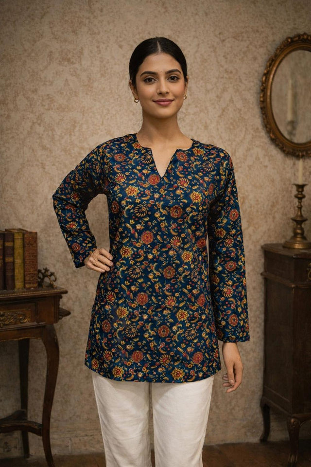 Blue Floral Printed Muslin Short Kurti (ACA5674)