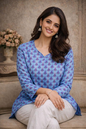 Blue Printed Muslin Short Kurti