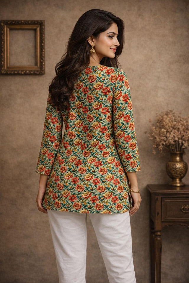 Peach Printed Muslin Short Kurti (ACA5678)