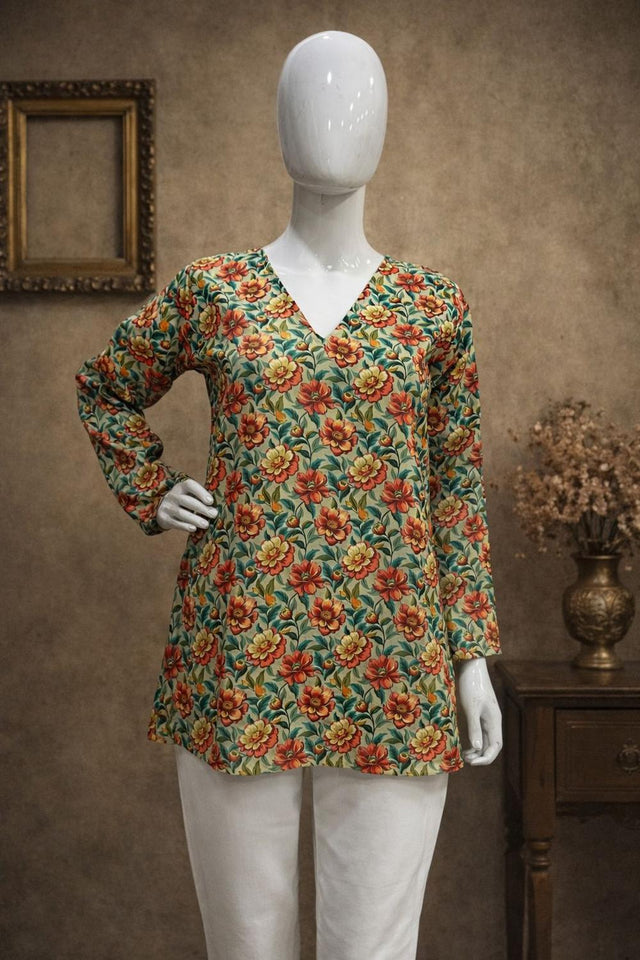 Peach Printed Muslin Short Kurti (ACA5678)