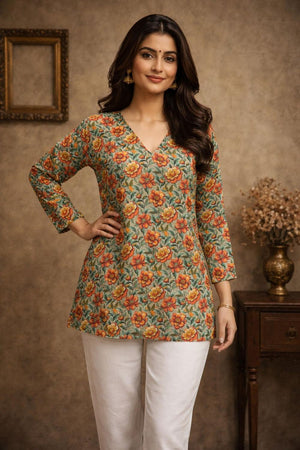 Peach Printed Muslin Short Kurti (ACA5678)